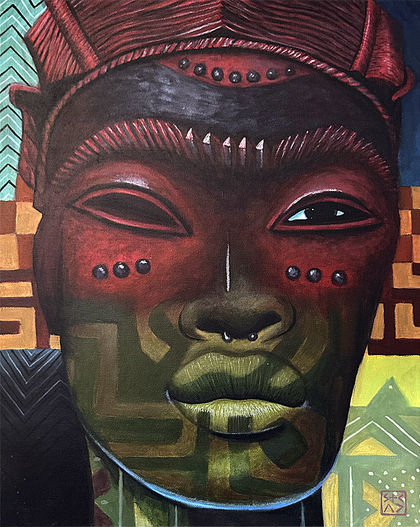 Afrikana – A striking African face mask dominates the canvas, adorned with deep, colorful hues and tribal patterns. Afrikana combines a strong sense of cultural heritage with modern artistic techniques, creating a visually striking and thought-provoking piece that invites viewers to explore both its aesthetic and symbolic qualities.