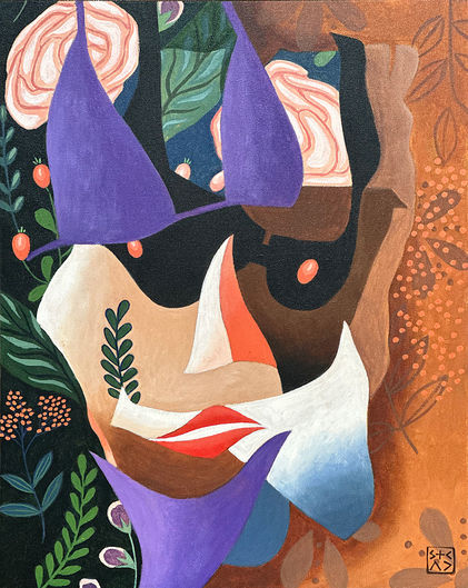 "Blooming Bikinis" – A small abstract composition featuring a floating purple bikini amidst a field of organic shapes, including foliage rendered in a rich, earthy palette.