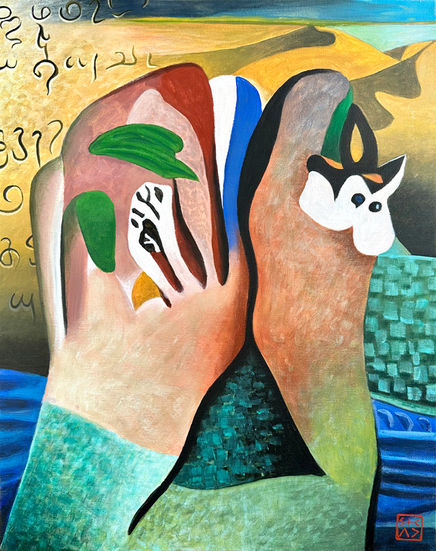 Entitled 2023 – A surreal abstraction featuring a dominant, leg-like form intertwined with vivid, energetic patterns and shapes, set against a barren and expansive landscape. Abstract and modernist techniques to create a visually engaging and emotionally charged piece that invites viewers to engage with it on a deeper, more personal level.