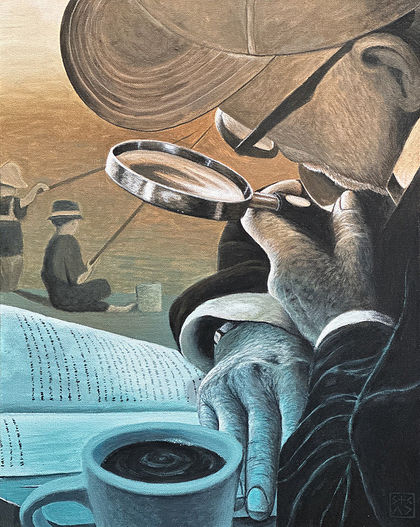 Small painting, Gone Fishing—an elderly man engrossed in a book, peering through a magnifying glass, while two young figures fish in the background, evoking contemplation and nostalgia.
