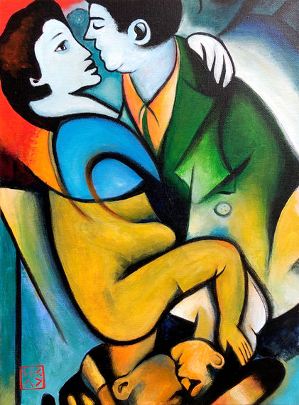 Small painting, Embrace—two intertwined figurative couples, seamlessly merged in reflection, radiating bold colors and dynamic composition.