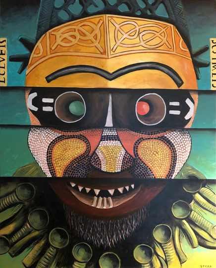 Buried Treasure – A striking full-frontal mask crafted from layered horizontal strips, merging stylized forms into a distinctive, refined finish.