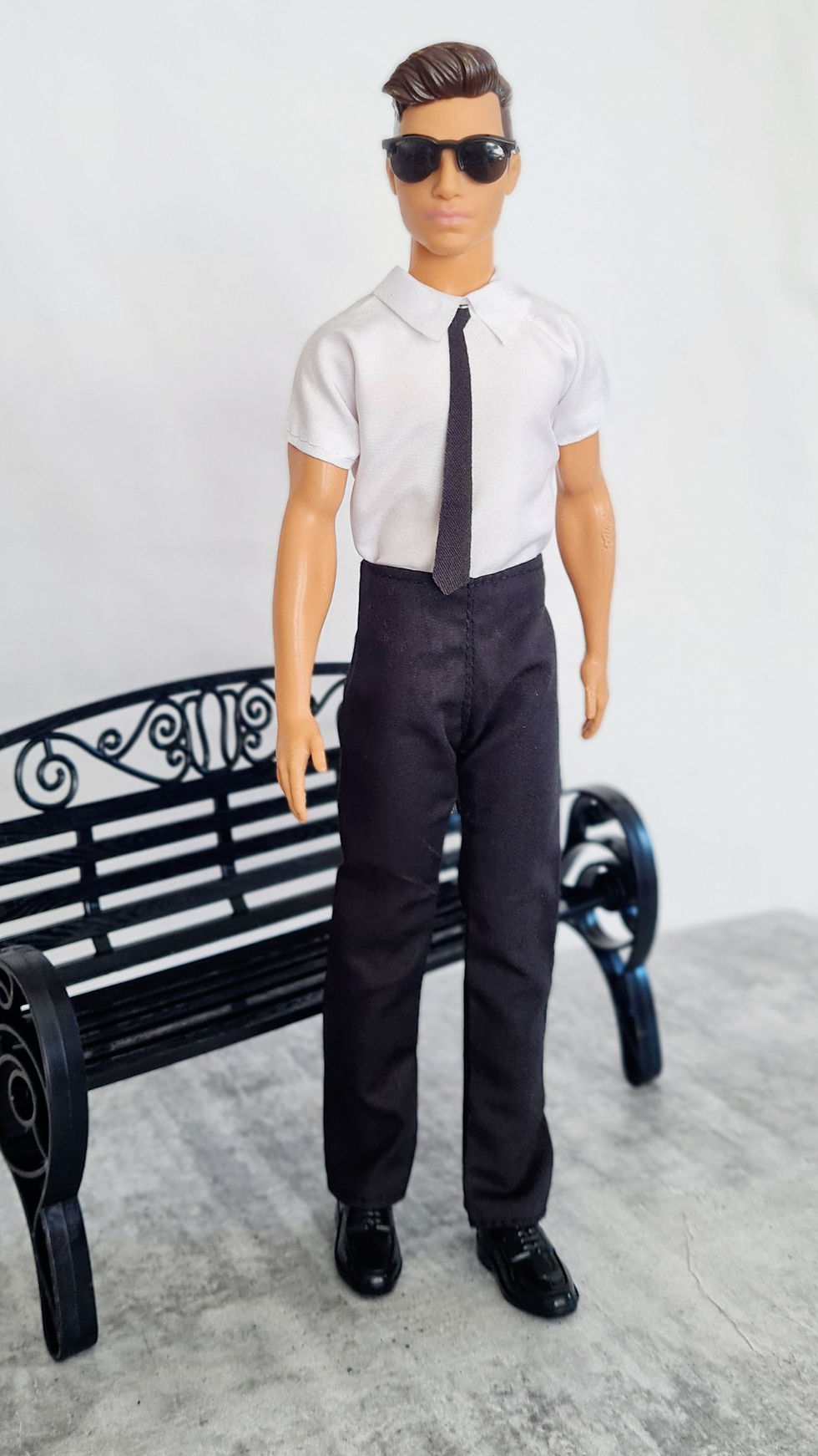 Ken doll wearing a Men in Black Outfit with Shirt and Tie, Trousers, sunglasses and Shoes