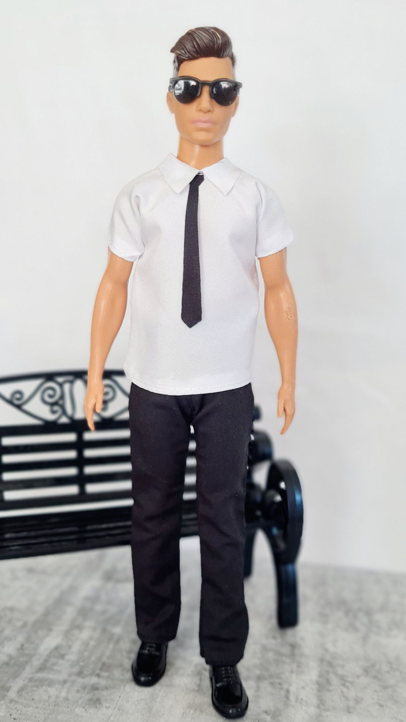 Ken doll wearing a Men in Black Outfit with Shirt and Tie, Trousers, sunglasses and Shoes