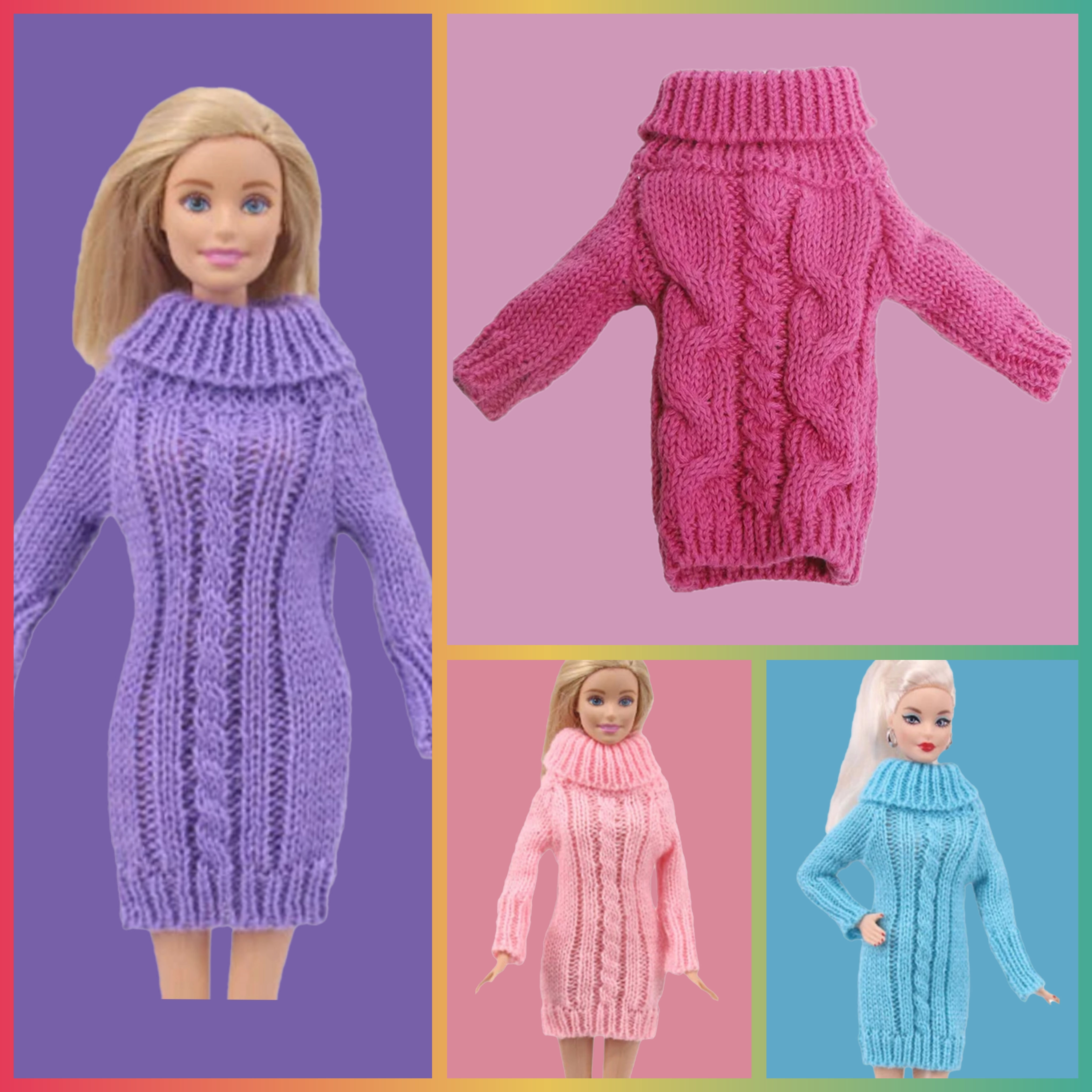 Barbie Clothes - Woollen Cable Jersey Sweater Dress (4 Colours)