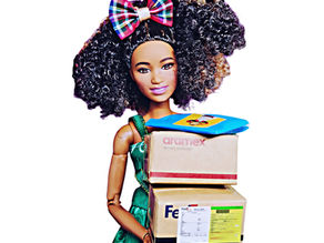 A Barbie doll holding a small pile of courier parcels