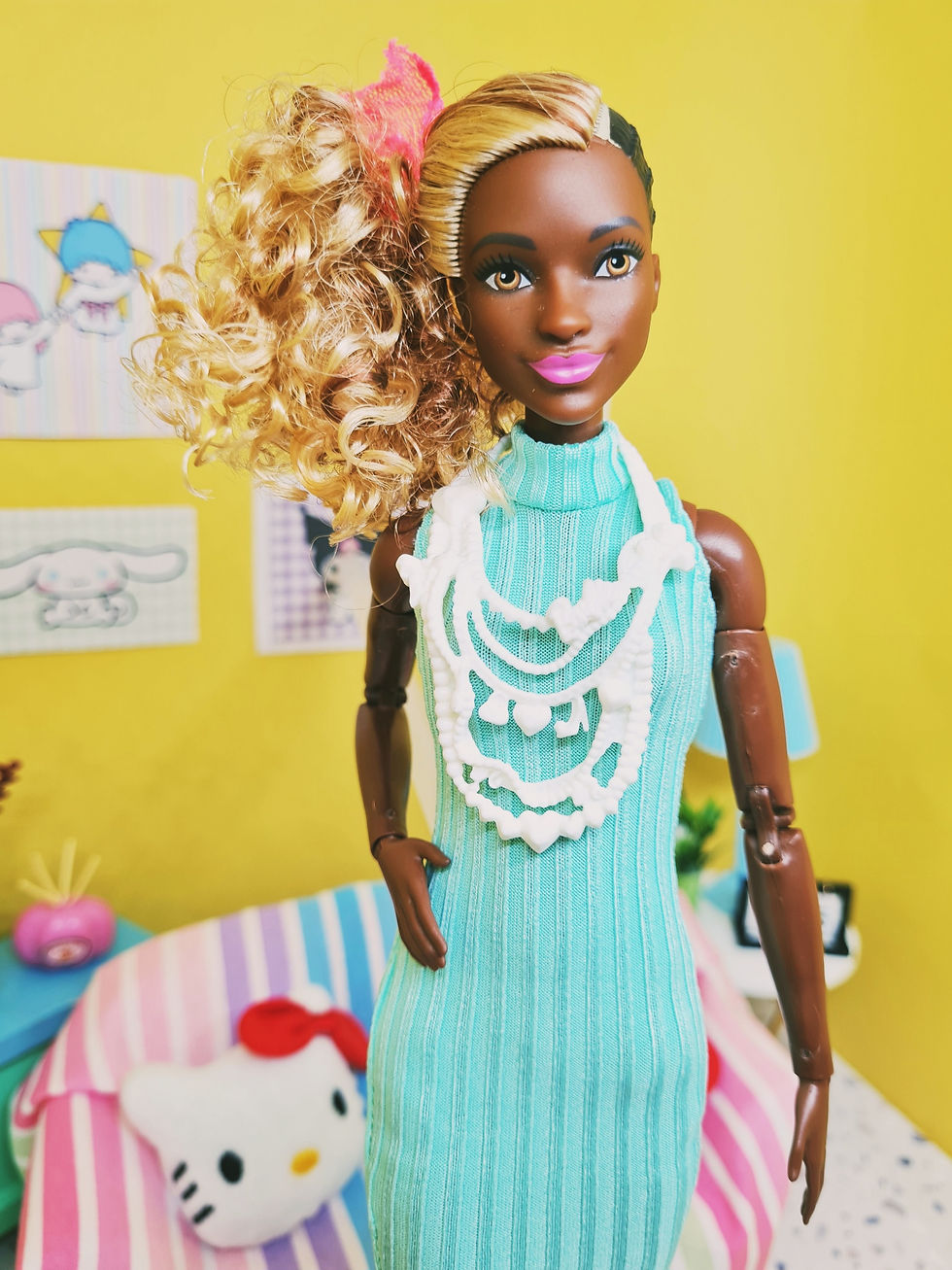 Thumbnail: Barbie Clothes -  Soft Teal Ribbed Sleeveless Dress and Accessories