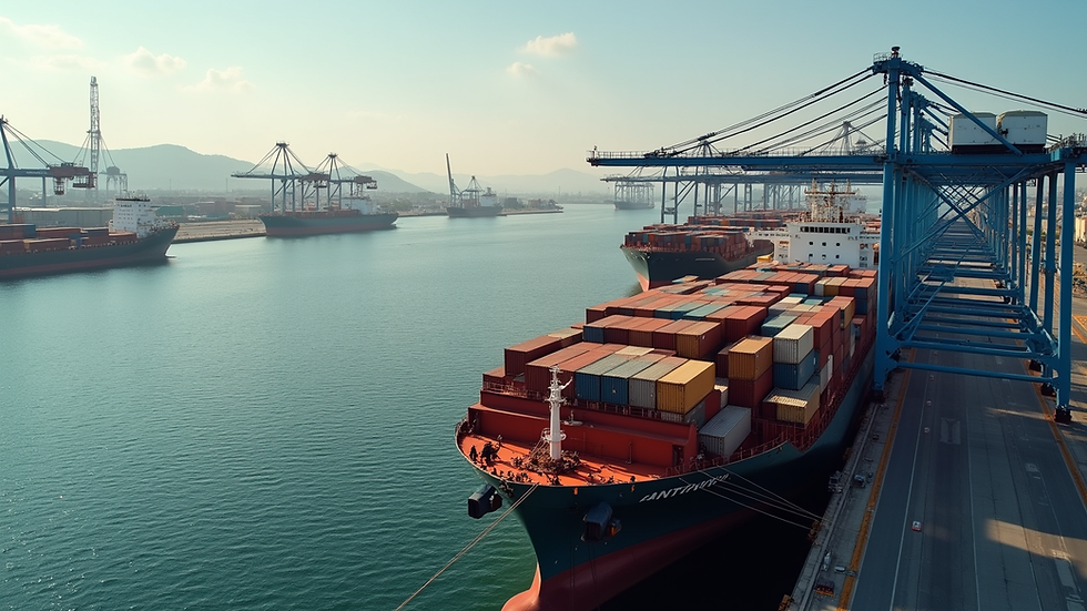 High angle view of a busy shipping port with containers