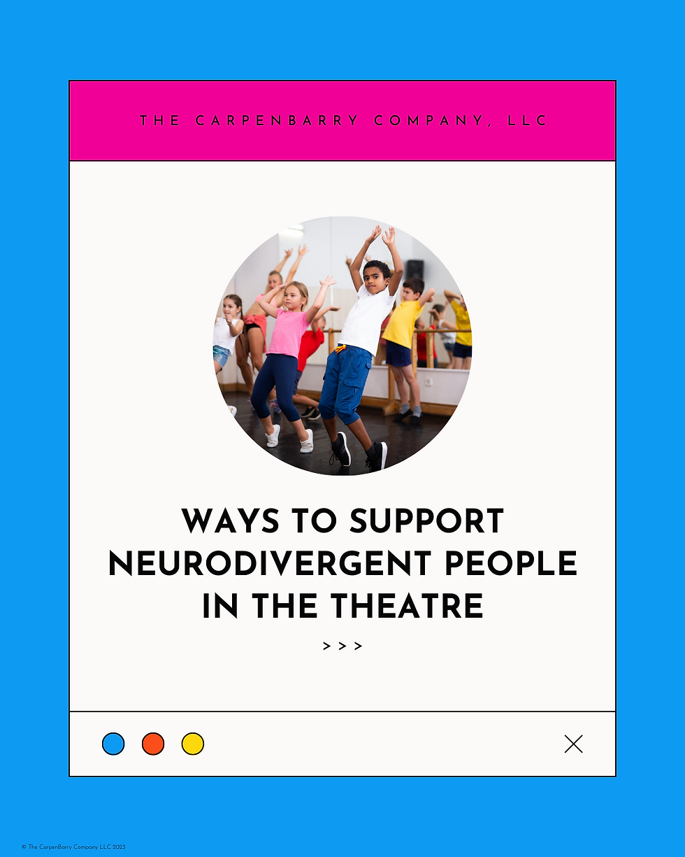 A slide with a circular picture of children in a theatre class wearing colorful shirts with the caption "Ways to support neurodivergent people in the theatre."