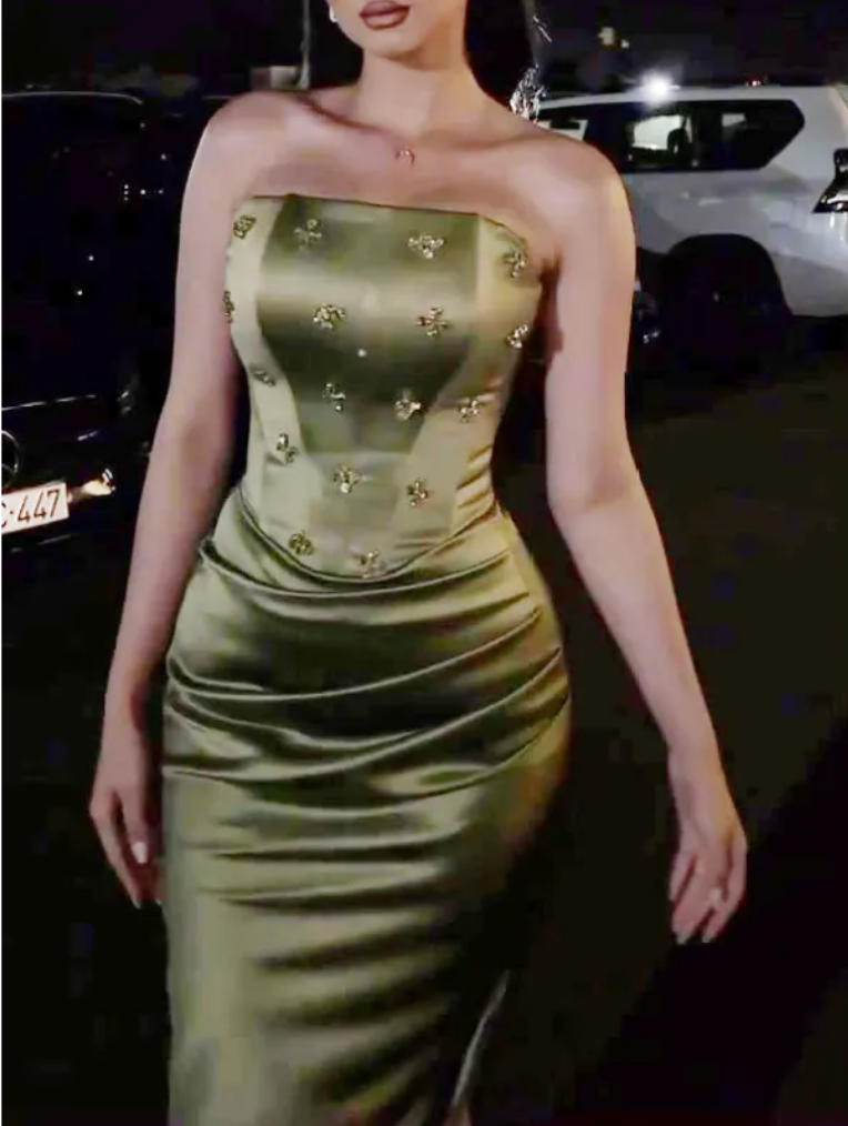 Thumbnail: Strapless Rhinestone Pleated Satin Dress