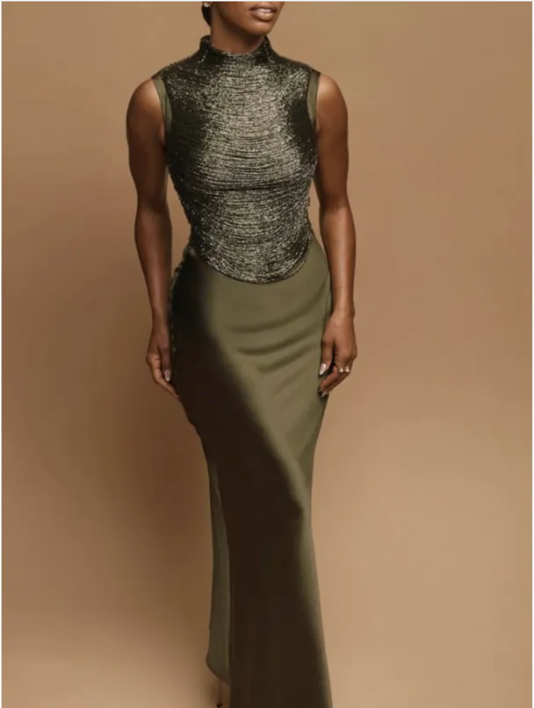 Thumbnail: Elegant Sleeveless Tassel-trimmed Zippered Satin Fishtail Maxi Dress Set