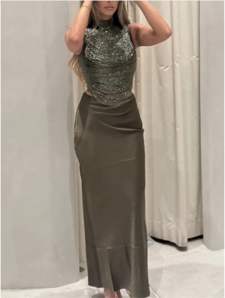 Thumbnail: Elegant Sleeveless Tassel-trimmed Zippered Satin Fishtail Maxi Dress Set