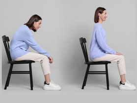Mature adult demonstrating poor vs. correct seated posture.