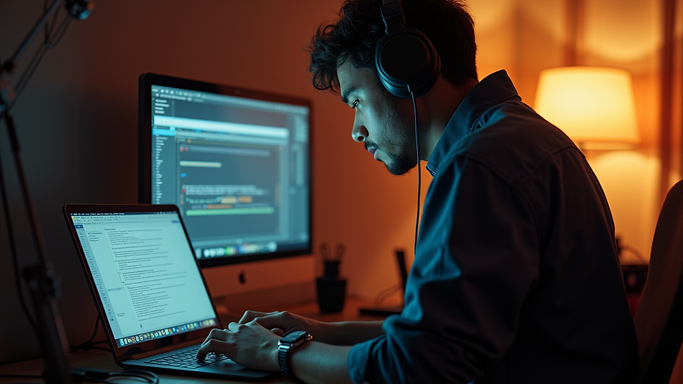 Eye-level view of a musician working on a laptop with headphones