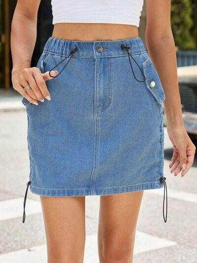 Drawstring Denim Skirt with Pockets for Women Casual Wear