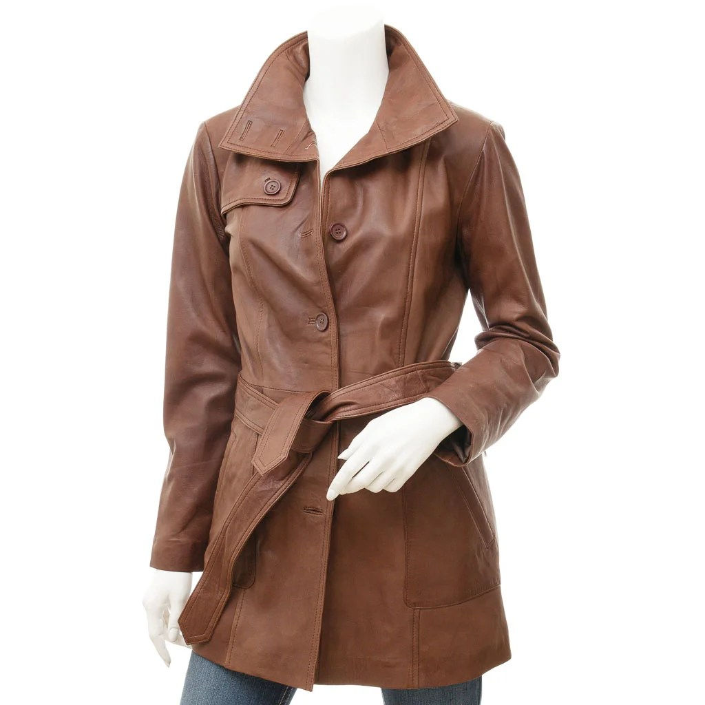 WOMEN LEATHER TRENCH COAT IN BROWN MAITLAND