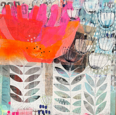 abstrakte Malerei, abstract art, Collage, Farbflächen, geometrisch, weiß, schwarz, grün, rosa, gelb, Quadrate, Raster, Acryl, Blumen, Blüten, Blätter, Pflanzen, Buchstaben, Wanddesign, Kunst, Papierkunst, Buchstaben