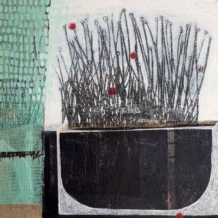 abstrakte Malerei, abstract art, Collage, Farbflächen, geometrisch, weiß, schwarz, grün, rosa, gelb, Quadrate, Raster, Acryl, Blumen, Blüten, Blätter, Pflanzen, Buchstaben, Wanddesign, Kunst, Papierkunst, Buchstaben