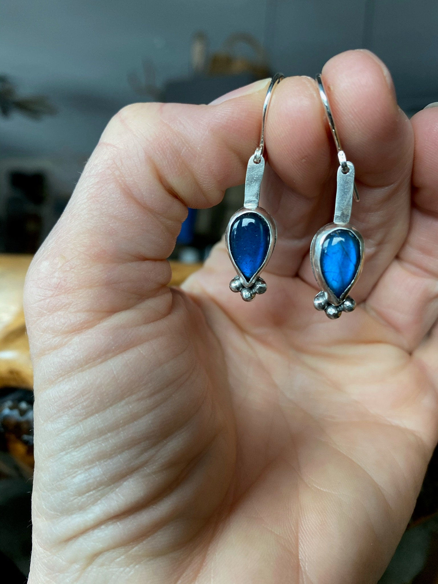 Labradorite Bar Earrings, Handcrafted in the USA, Hammered Silver