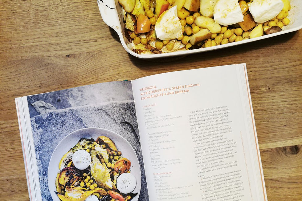 Rezept: Weisskohl mit Kichererbsen, gelben Zucchini, Steinfrüchten und Burrata (Nicole Giger)