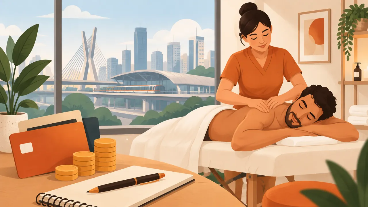Ilustração de uma sessão de massoterapia com elementos visuais discretos de planejamento de preço