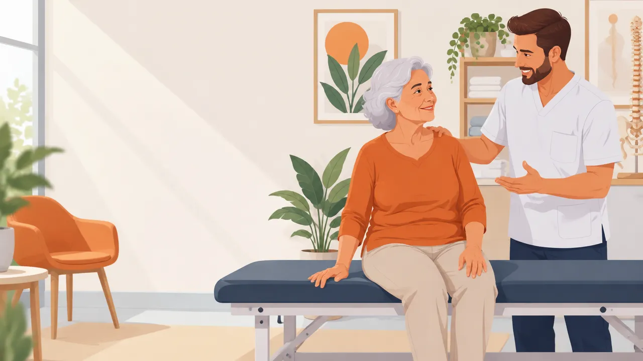 Pessoa idosa conversa com profissional de saúde em uma clínica antes de receber cuidados quiropráticos individualizados