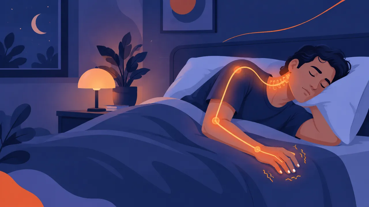 Pessoa dormindo de lado com indicação visual de formigamento na mão e conexão abstrata com pescoço e braço