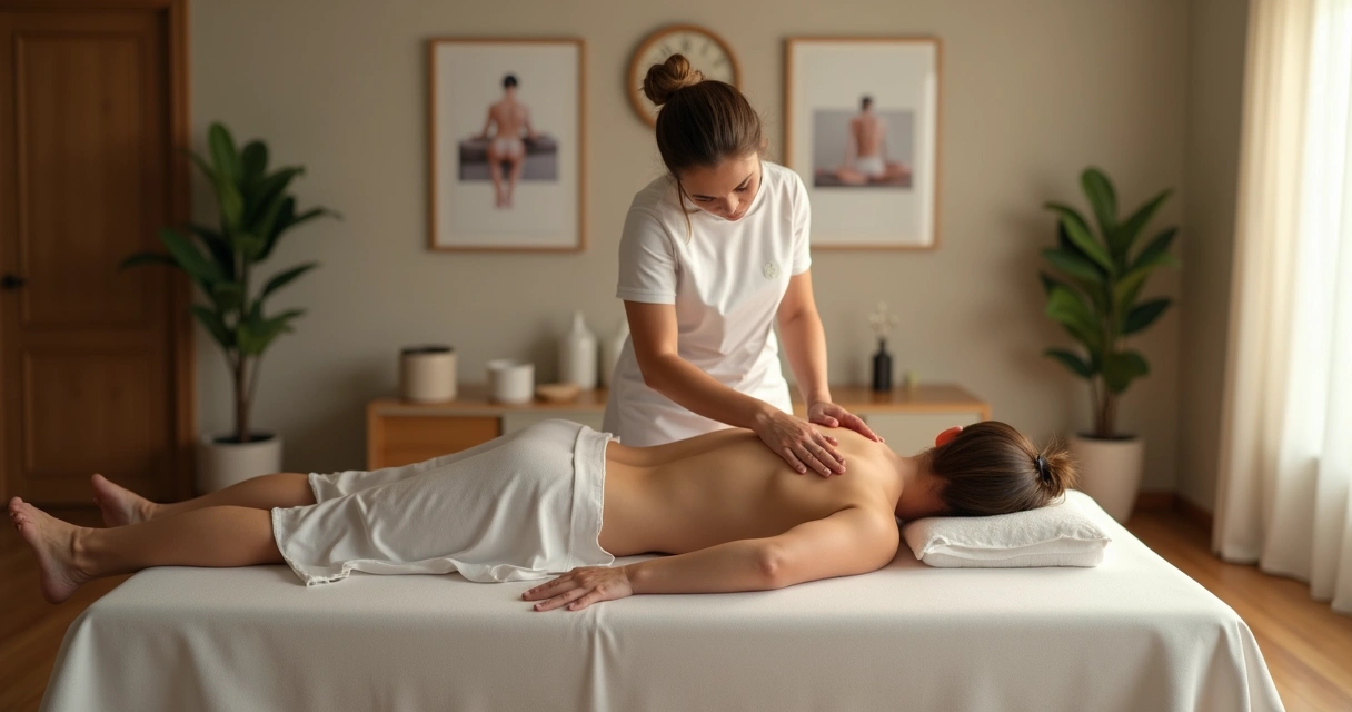 Comparação visual entre massagem relaxante e liberação miofascial terapêutica em cenário moderno
