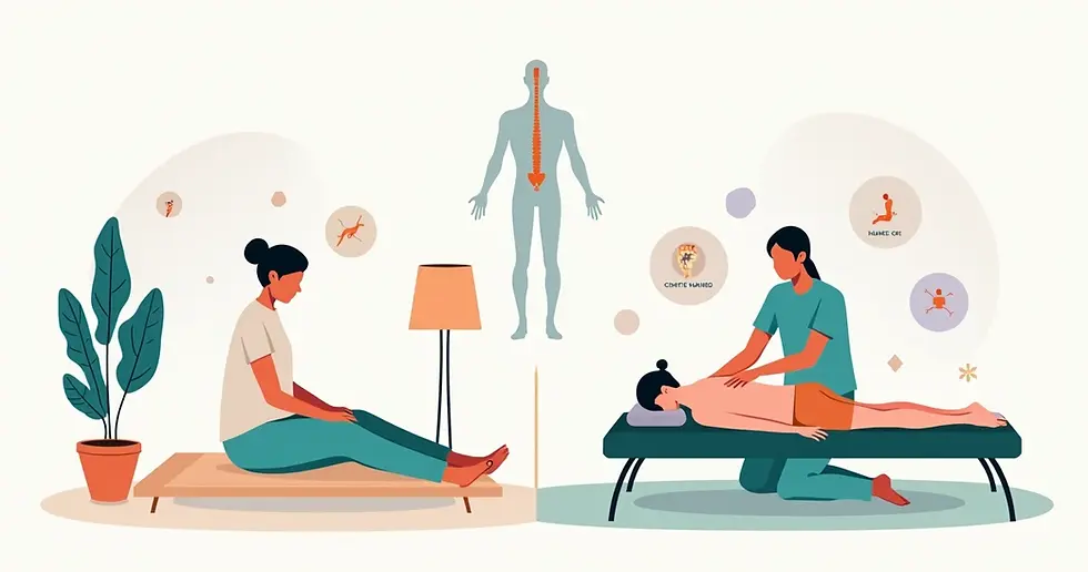 Comparação visual entre sessão de shiatsu e liberação miofascial em estilo ilustração flat 