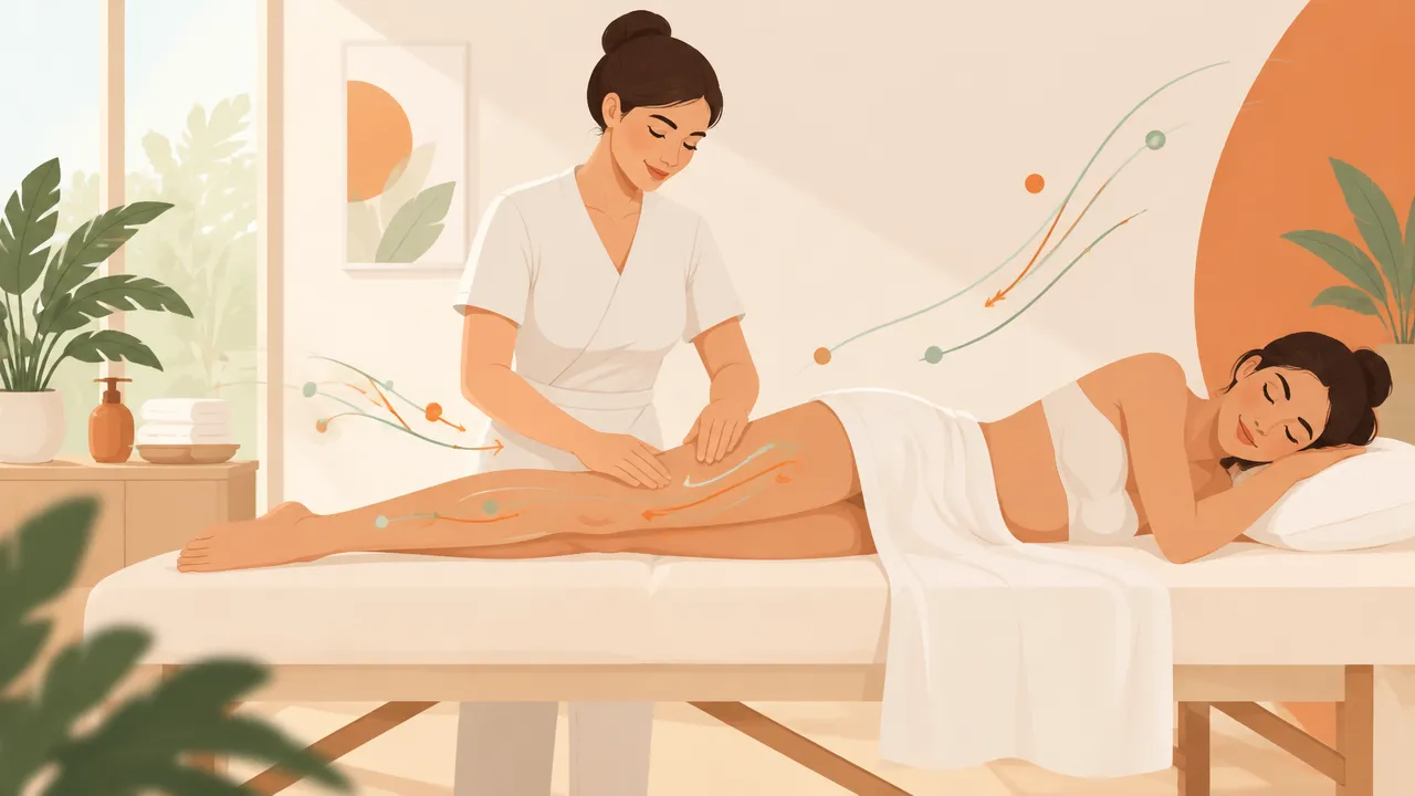 Ilustração de terapeuta realizando movimentos suaves de drenagem linfática na perna de uma pessoa relaxada