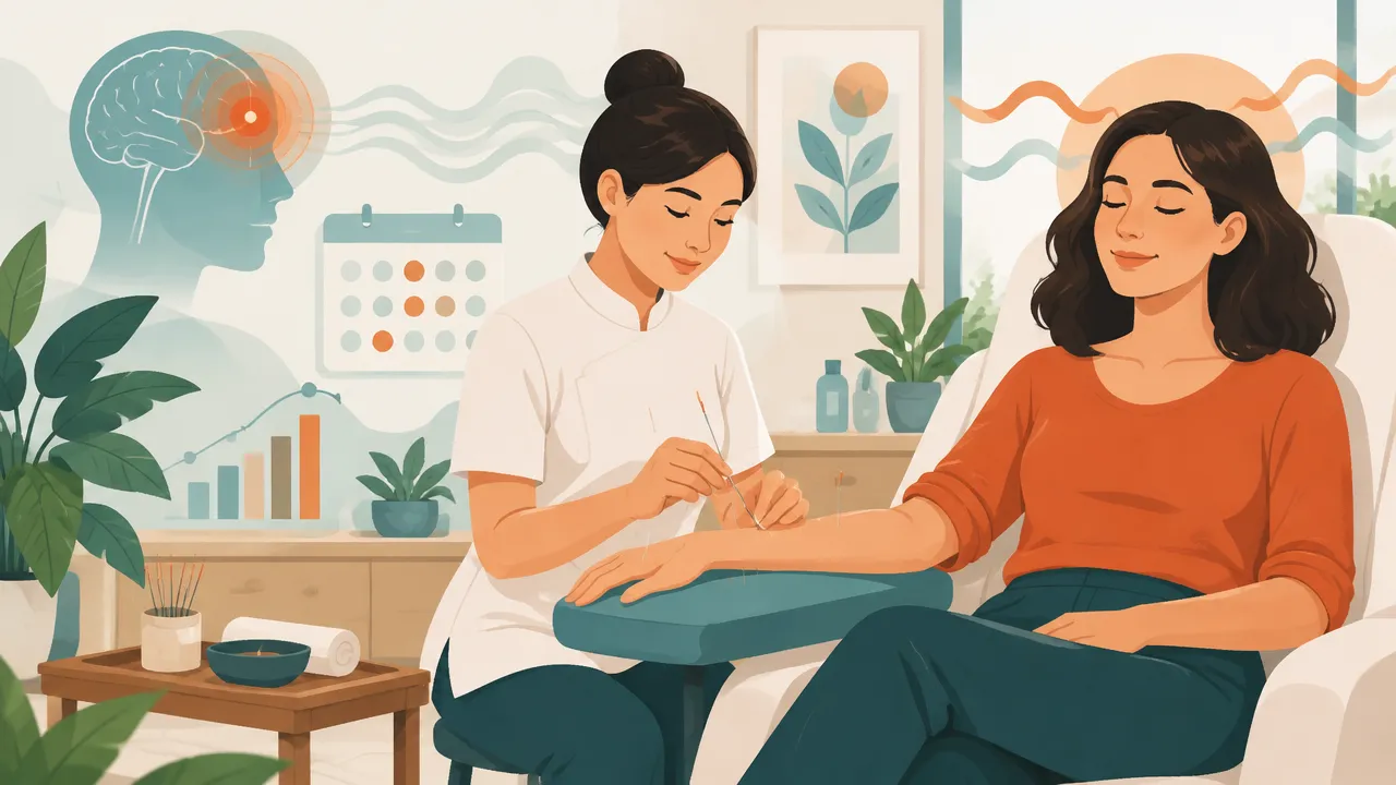 Ilustração de uma sessão de acupuntura para prevenção da enxaqueca, com referências visuais sutis à pesquisa científica.