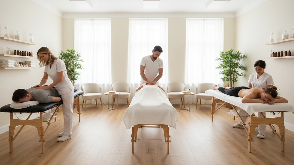 Wide angle view of a modern therapy clinic room with treatment table