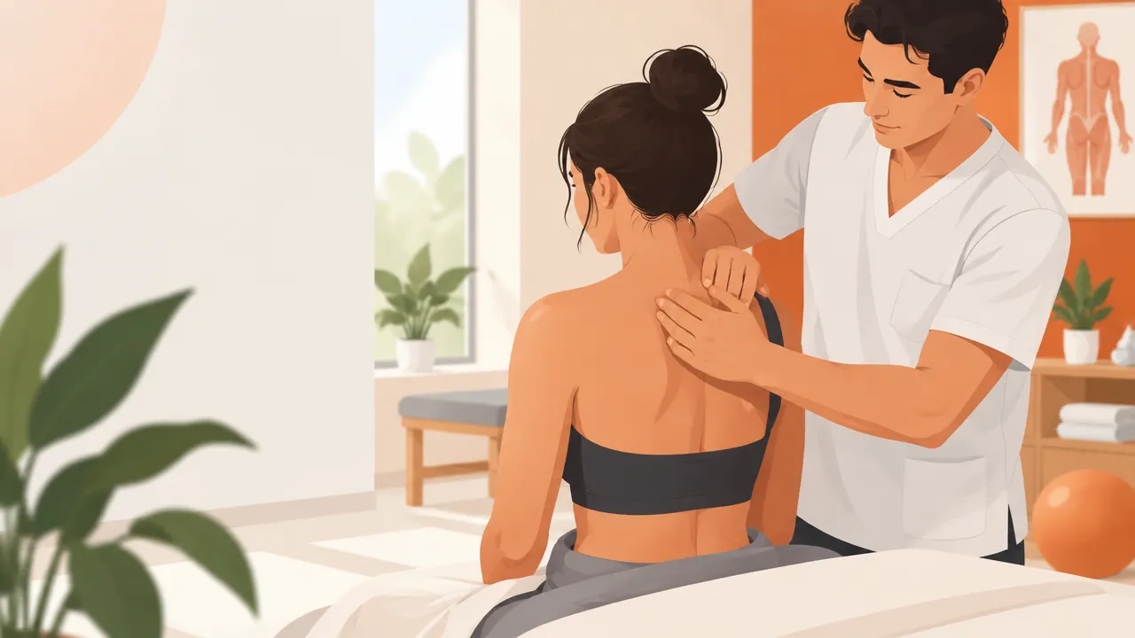 Ilustração de uma sessão cuidadosa de liberação miofascial para aliviar tensão no ombro, em ambiente clínico acolhedor