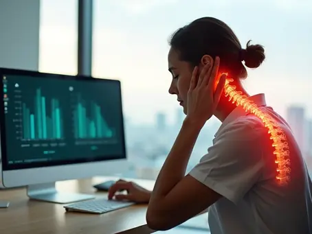 Pessoa em escritório sentado ao computador com dor no pescoço irradiando para o ombro