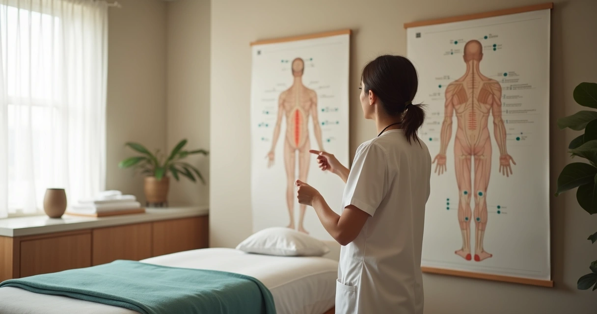 Profissional demonstra diferença entre shiatsu e massagem terapêutica em painel ilustrado