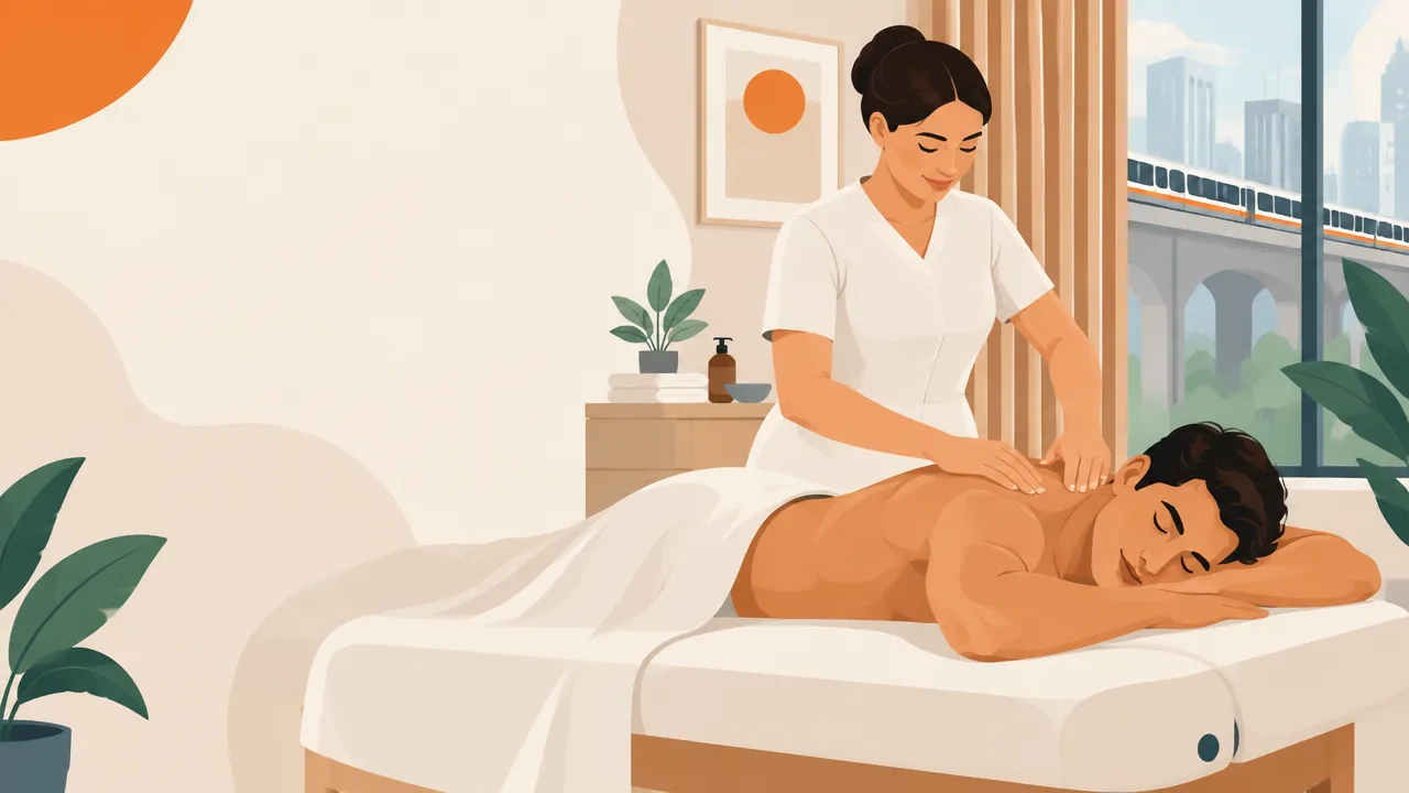 Massagem terapêutica cuidadosa em clínica acolhedora, com foco nos ombros e nas costas