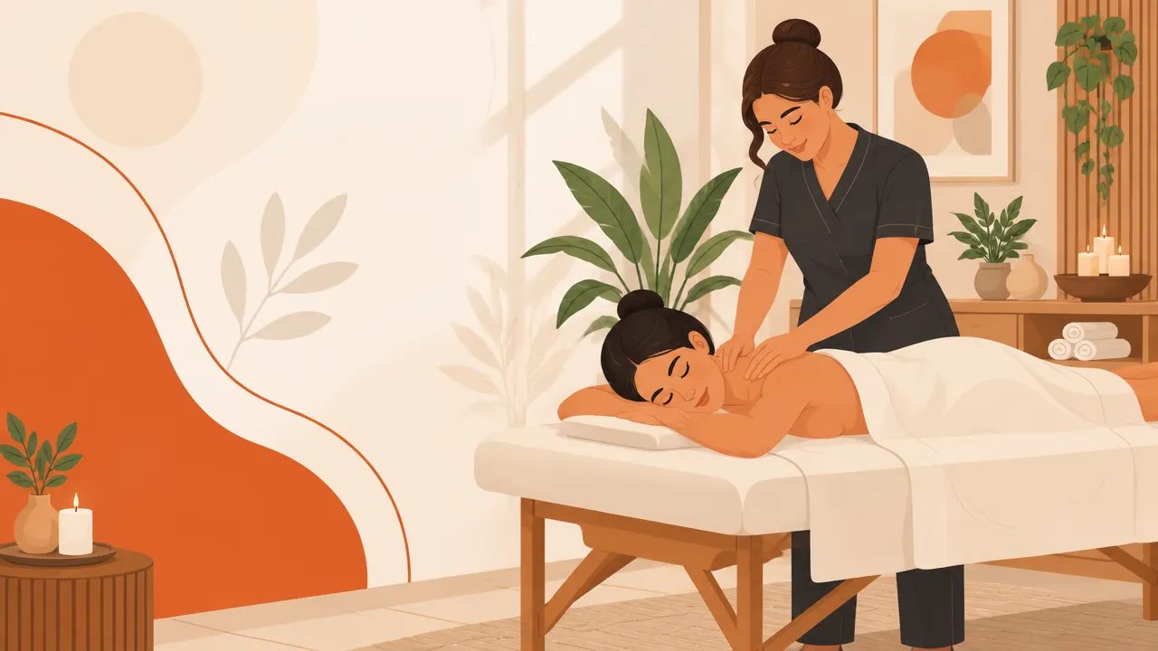 Ilustração de uma terapeuta realizando massagem suave nos ombros de uma pessoa em uma clínica acolhedora