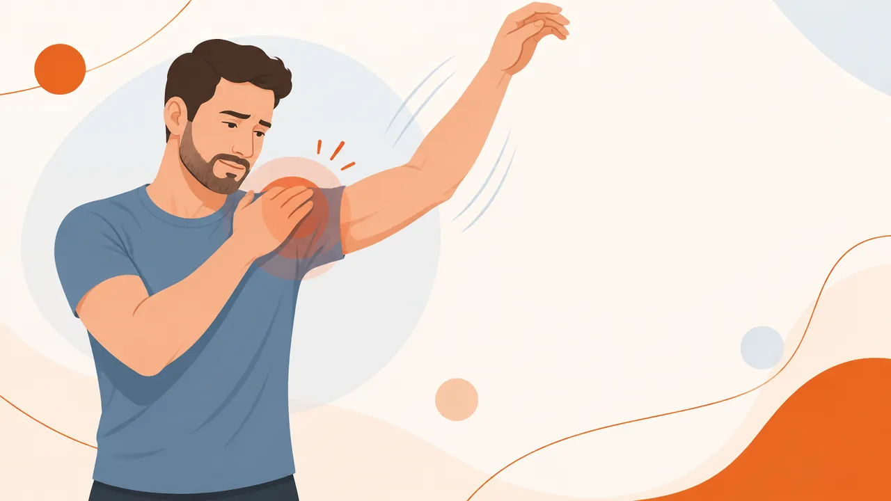 Pessoa com desconforto no ombro ao elevar o braço, em ilustração vetorial editorial