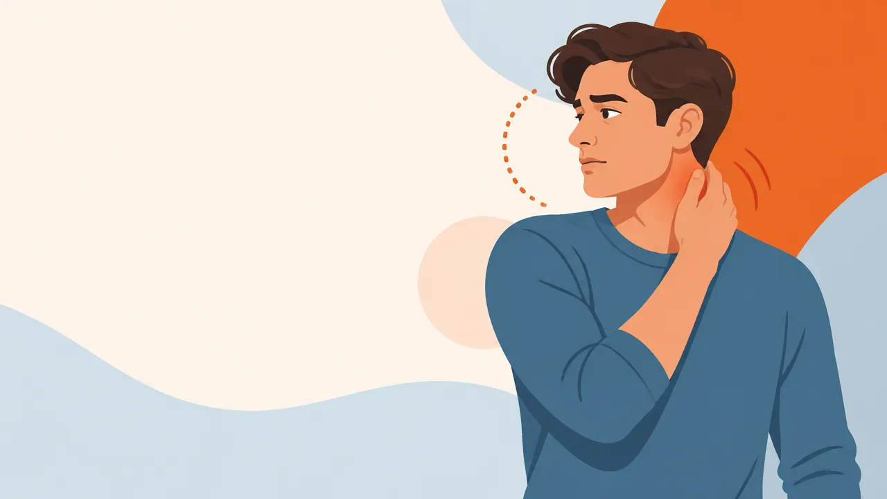 Pessoa com desconforto cervical ao virar a cabeça, em ilustração vetorial editorial