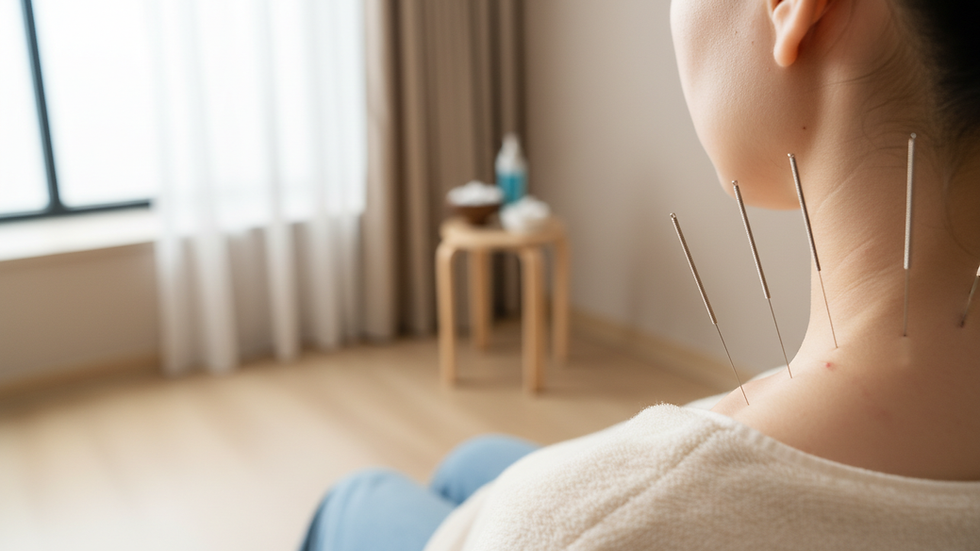 Close-up view of acupuncture needles applied on the neck area