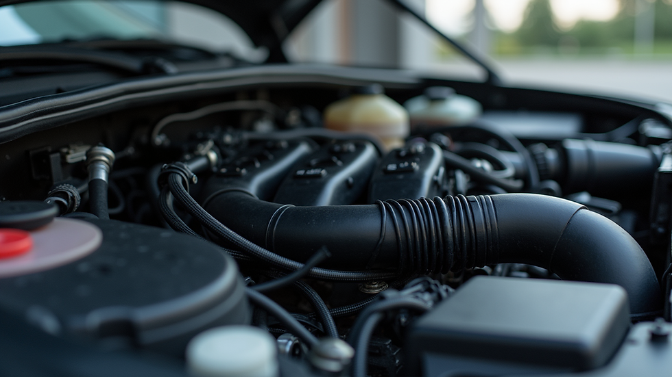 Close-up view of car engine compartment showing wiring and hoses