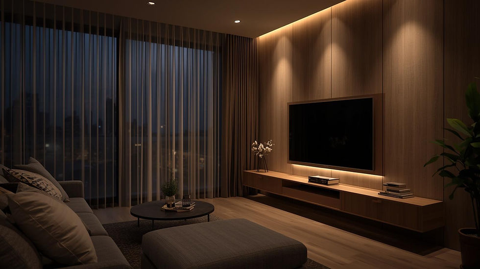 Wide shot of singapore bto living room, lights dimming to warm ambient glow, curtains movi