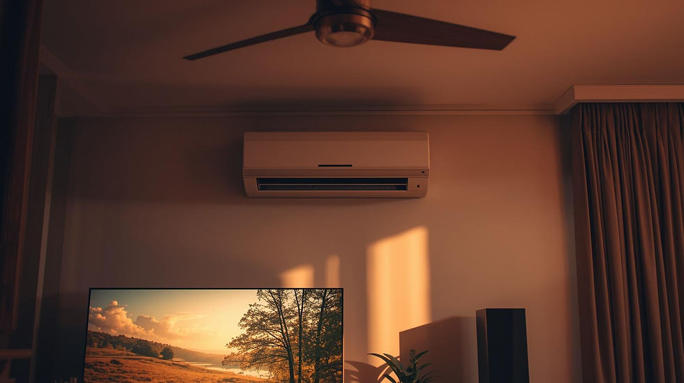 Medium shot of IR appliances in living room_ glowing TV, aircon, fan UI overlay icons, cin