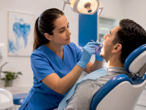Dental hygienist examining male patient’s mouth