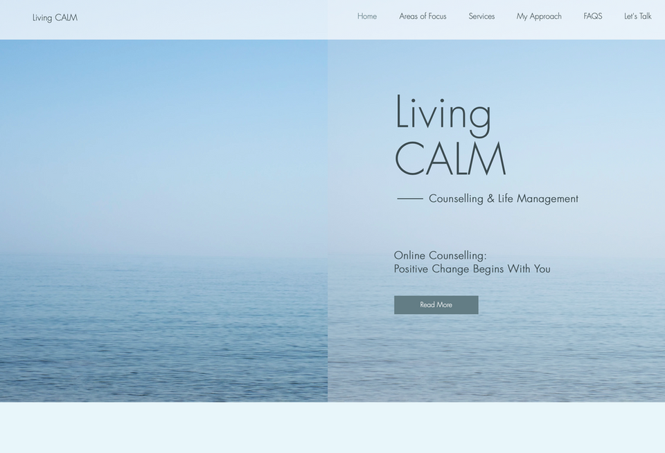 Image of Living Calm, website’s homepage showing logo in black text against light blue ocean waves and sky. Living Calm, website, logo and branding by bluebottlewebdesign.com
