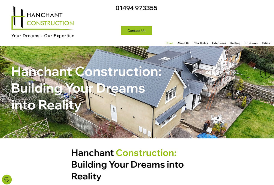 Image of Hanchant Construction website’s homepage showing their logo which is the name in black and green text with information about the company on top of an image of a house being constructed. Hanchant Construction, website, logo and branding designed and maintained by bluebottlewebdesign.com