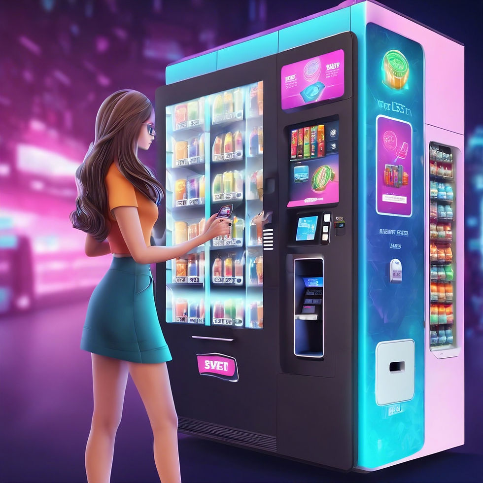 cyber look background, young lady operating a smart vending machine, with vending logo, sh