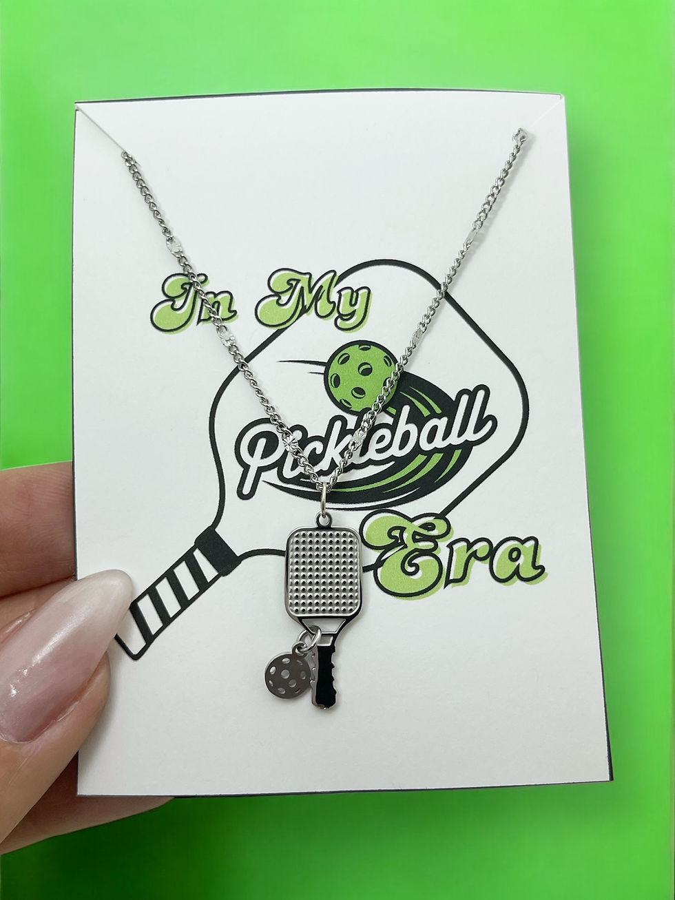 pickleball charm necklace, silver necklace with paddle and ball, in my pickleball era