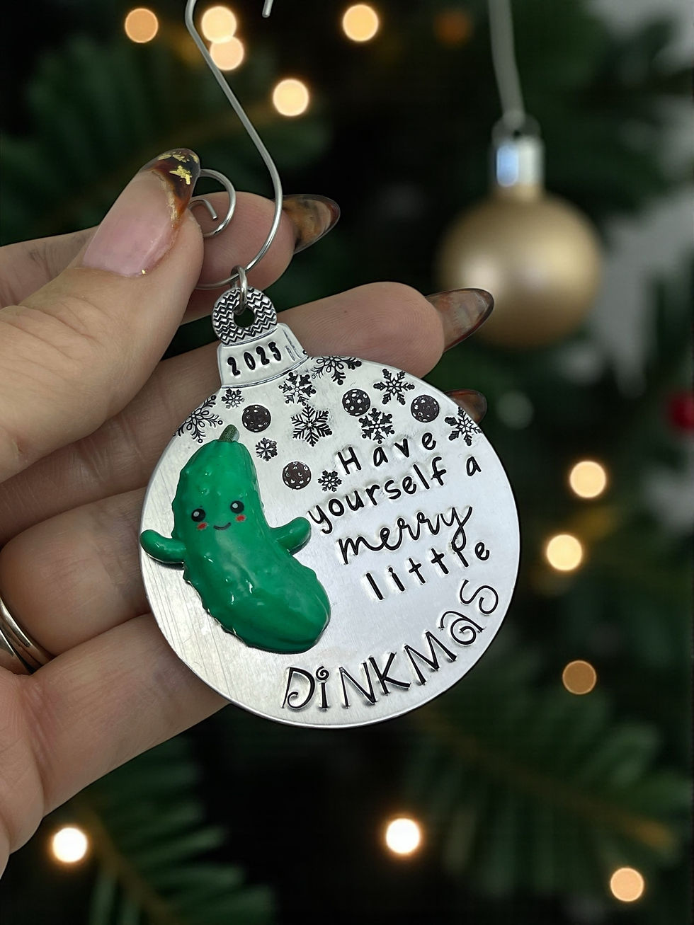 pickle charm ornament for pickleball player with snowflakes and pickleball stamp funny pickleball gift