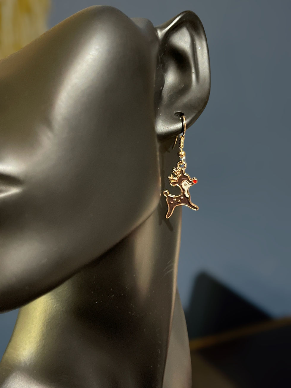Thumbnail: Reindeer Deer Charm Earrings colored enamel with gold wire hooks